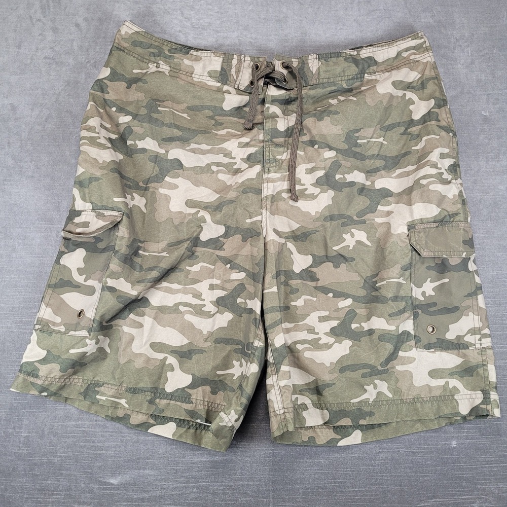 Open Trails Mens XL Camo‎ Cargo Board Shorts Green Brown Camouflage Swim Trunks